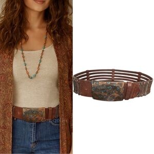 Vintage 90s Streets Ahead Wide Brown Leather Belt Verdigris Copper USA S
